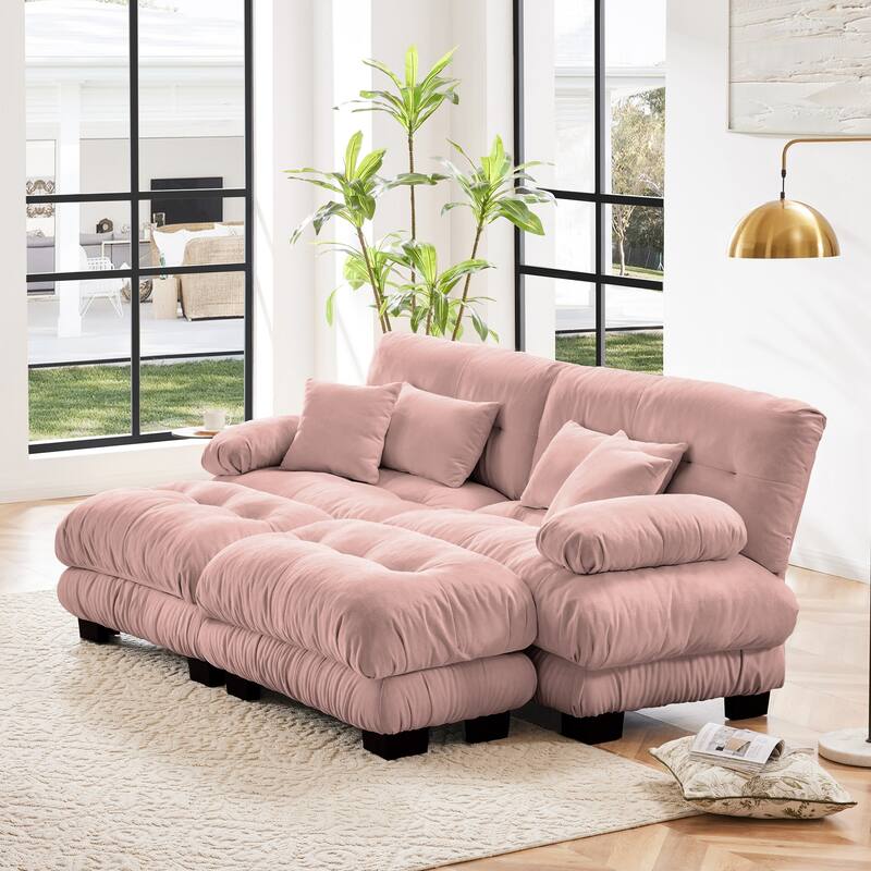 Rossetta Exquisite Stylish Design Chenille Cloud Look Couch Sectional Wide Arm Sofa with 2 Convertible Ottomans, and Pillows - Pink