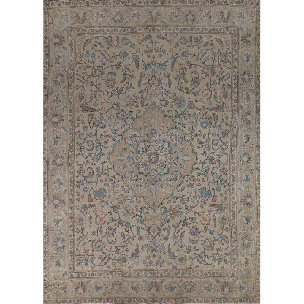 Traditional Tabriz Persian Rug Handmade Beige Wool Carpet - 9'2"x 12'4"