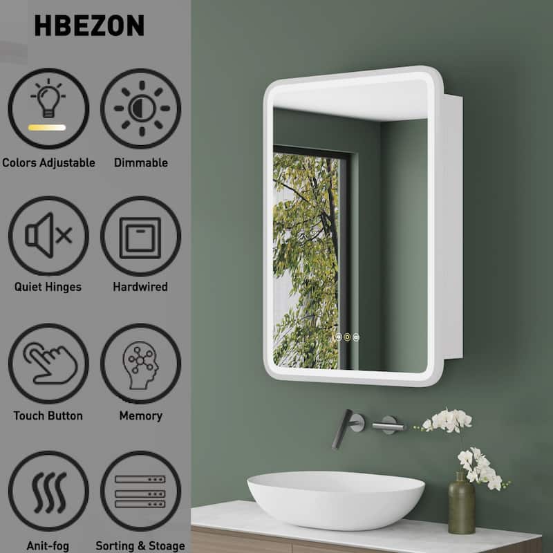 20 in. W x 28 in. H Rectangular Recessed/Surface Mount Medicine Cabinet with Mirror, Dimmable, Defogging, Right Hinge (White)
