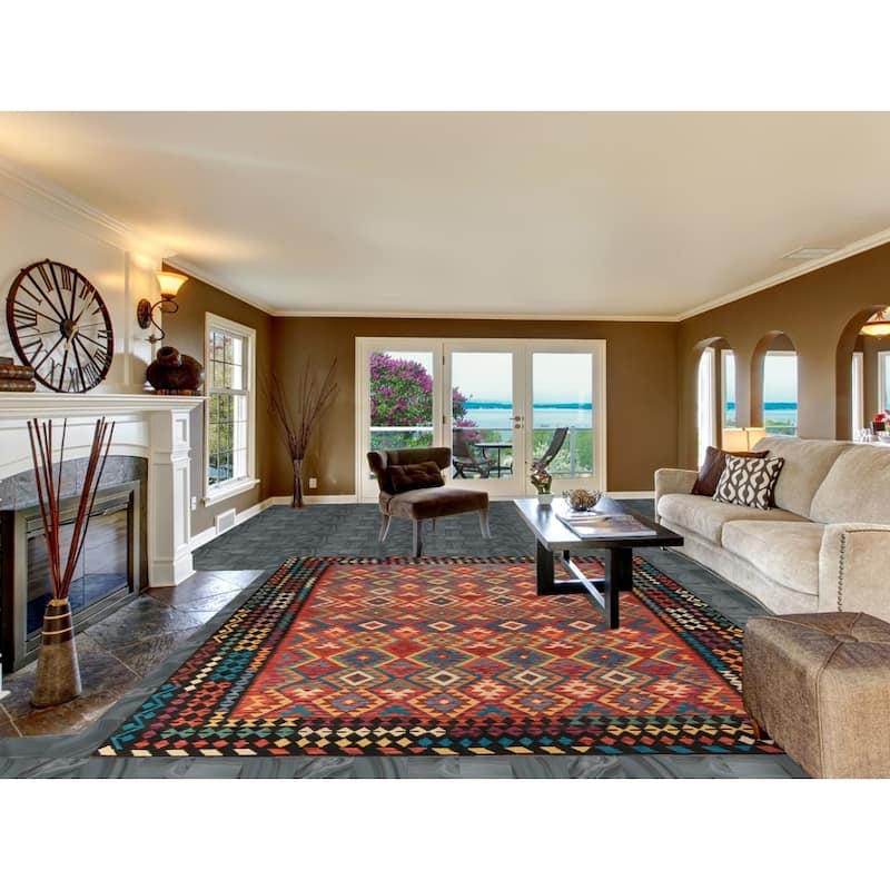 Geometric Kilim Area Rug Hand-Woven Oriental Wool Carpet - 8'5"x 11'4"