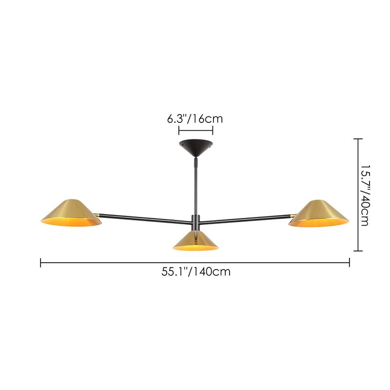 53.93" W 3-Light Modern Black & Brass Linear Sputnik Cone Semi-Flush Mount Ceiling Light - 53.94" W × 16.93" H
