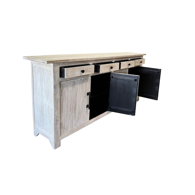 HomeRoots 79" White Distressed Solid Wood Paneled Four Drawer Sideboard with Four Doors - 79.00 in. x 38.00 in. x 17.00 in.