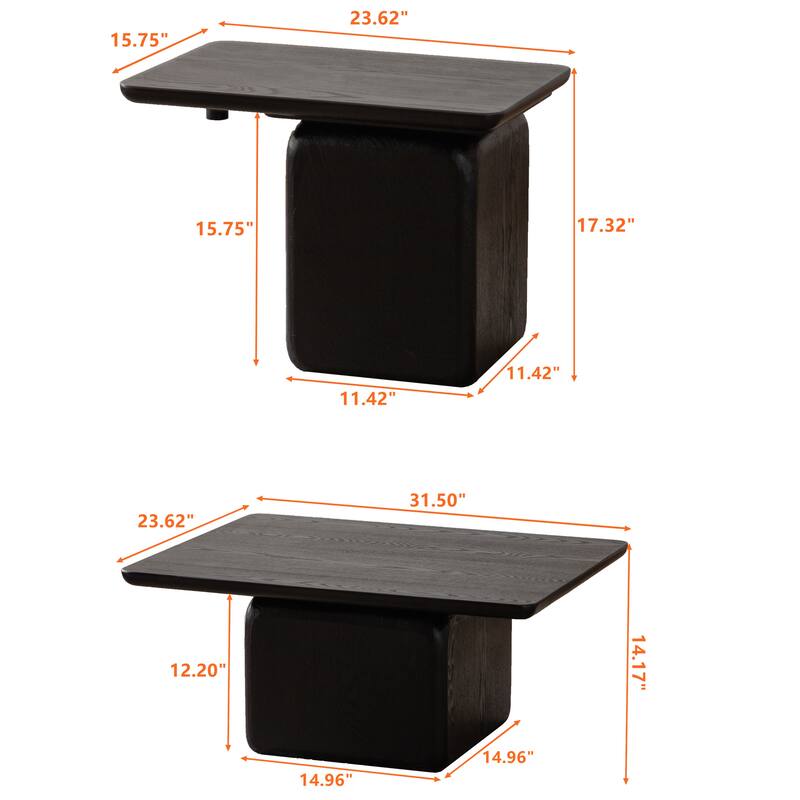 Vintage Coffee Table Set, Stylish Square Coffee Table with Wood Grain Finish for Living Room, Black, Set of 2