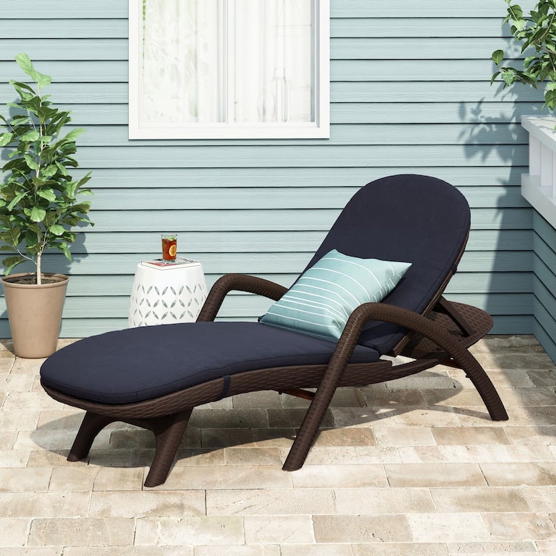 Outdoor Chaise Lounge Chair with Cushion, Adjustable Backrest Recliner Sun Lounger - Dark Brown+Navy Blue