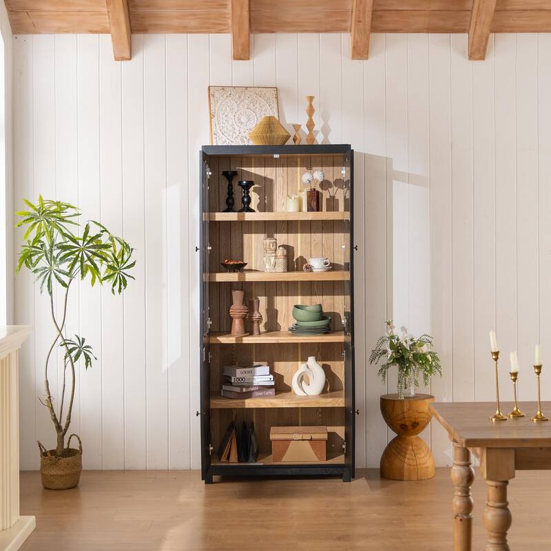 74.5''HDisplay Cabinet Bookcase with Storage, , Mid-Century Modern Bookshelf Curio Cabinet for Hallways