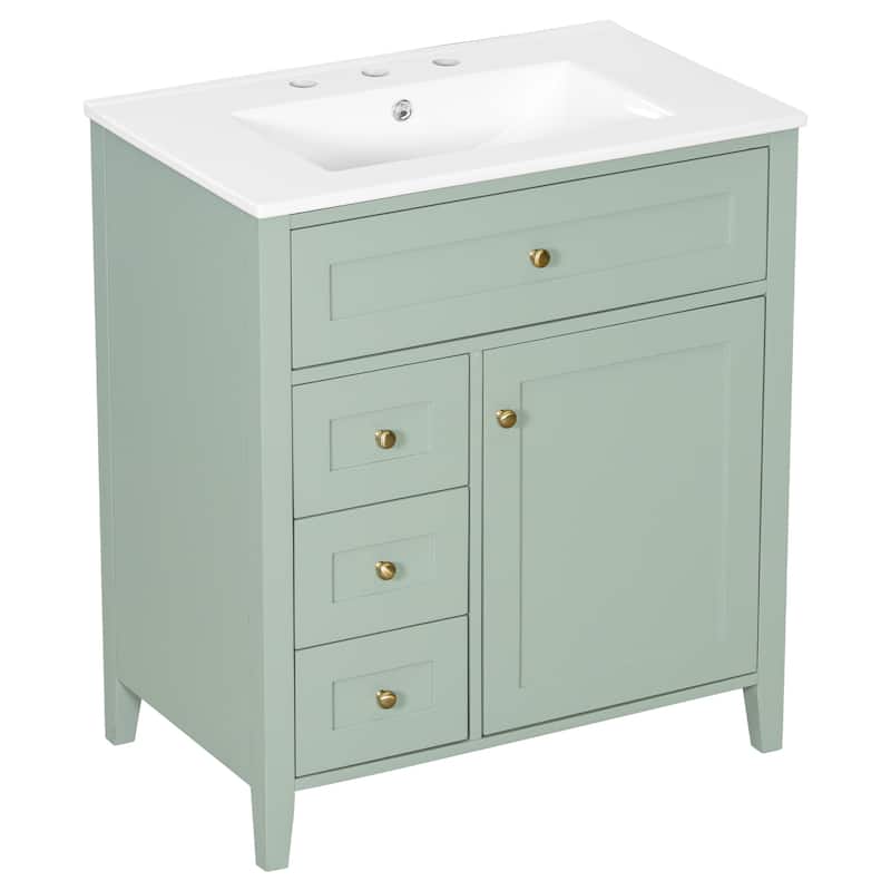 30-Inch Bathroom Vanity with Sink, Modern MDF and Rubberwood Cabinet with 3 Drawers and Adjustable Shelf, Freestanding