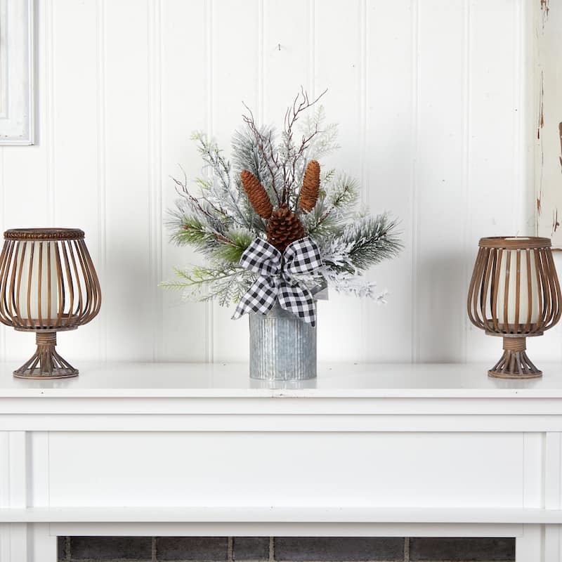 20" Holiday Winter Greenery with Pinecones and Gingham Plaid Bow Table Artificial Christmas Arrangement - 20