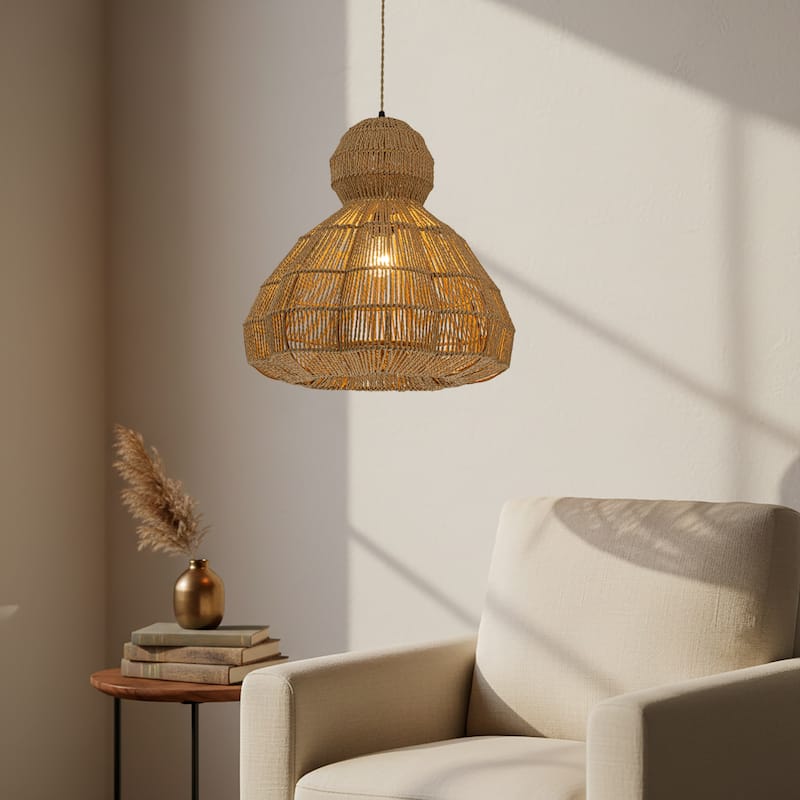 Ciel 1-Light Rattan Hemp Scalloped Pendant, Coastal Boho - Handwoven - 20" Wide