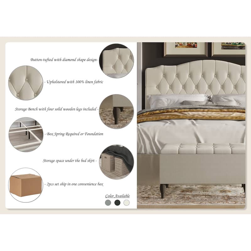 CraftPorch 2 Piece Bedroom Set in Transitional Linen Button Tufted Upholstered Bed