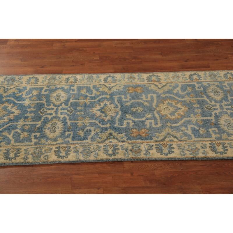 Blue Geometric Oushak Indian Runner Rug Hand-Knotted Wool Carpet - 2'7"x 7'9"