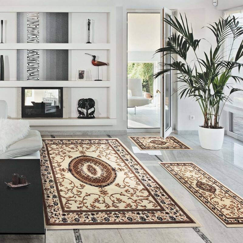 Formal Floral Scroll Vines Border Indoor 3-Piece Area Rug Set by Superior - 3PC (2' x 3', 2' x 5', 5' x 7') - Cream