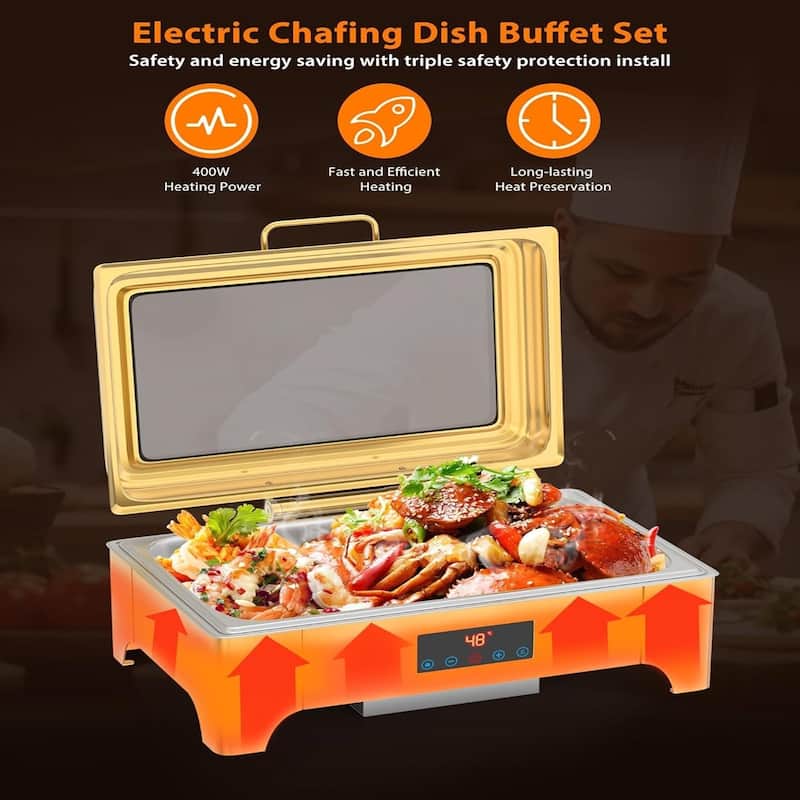Electric Chafing Dish 9QT Full Size Touch Screen Chafing Dishes for Buffet Roll Top Set Food Servers and Warmer Gold - 9L