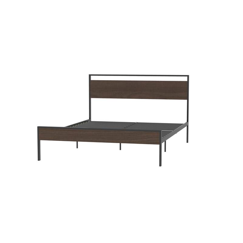 Black Metal and Walnut Brown Wood Queen Platform Bed