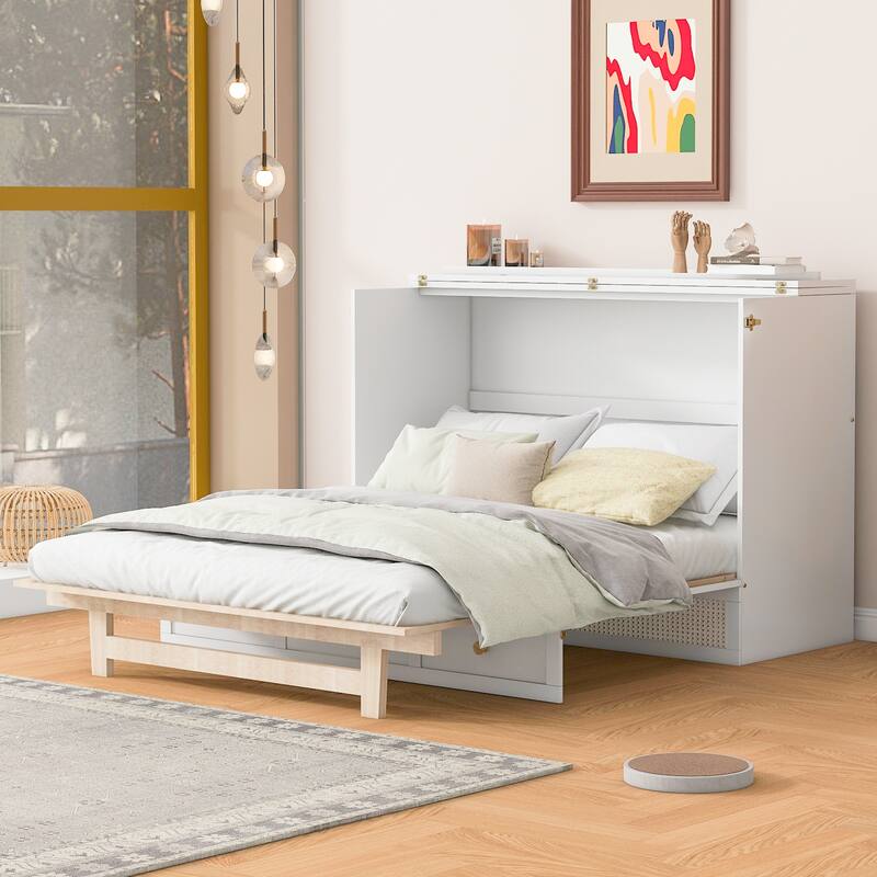 Full Size Murphy Bed Hidden Cabinet Bed with Drawer Underneath and Rattan Patterned, Clever Space Utilization Classic White