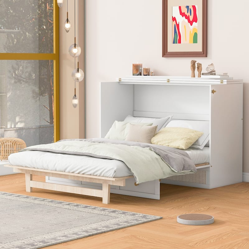 Full Size Wooden Murphy Bed with Large Drawers - White
