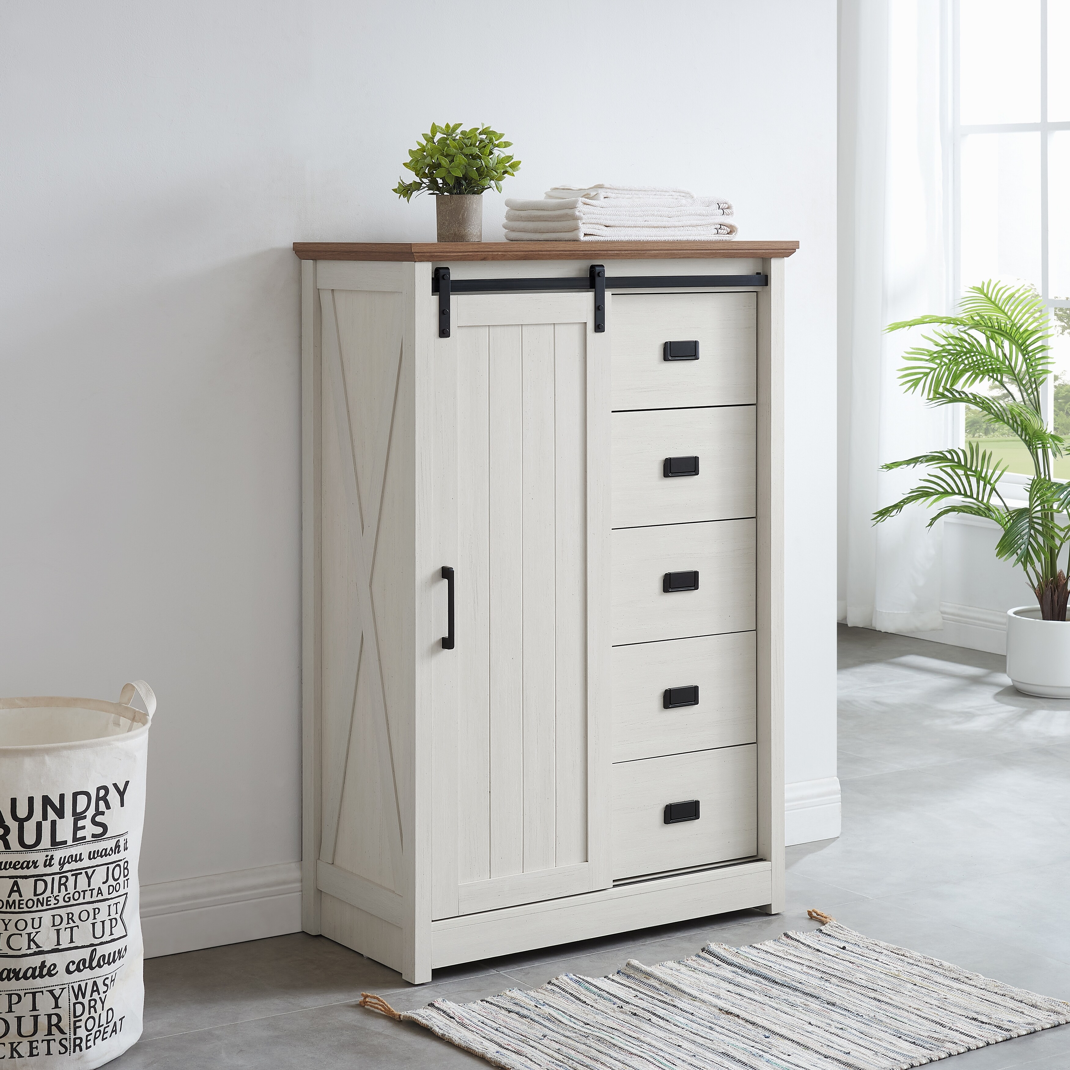 5 Drawer Dresser with Sliding Barn Door Farmhouse Modern Tall Chest of Drawers Storage Organizer for Bedroom White Bed Bath Beyond 42310797
