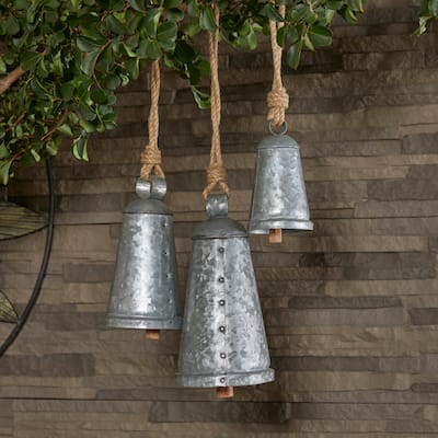 Gray, Red, Black or Bronze Metal Tibetan Inspired Decorative Cow Bell with Jute Hanging Rope (Set of 3)