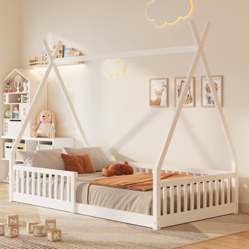 Twin Size Floor Bed, Platform Bed Frame with Fence and Roof, Solid Wood Playhouse Bedframe w/Open Door, No Box Spring Needed