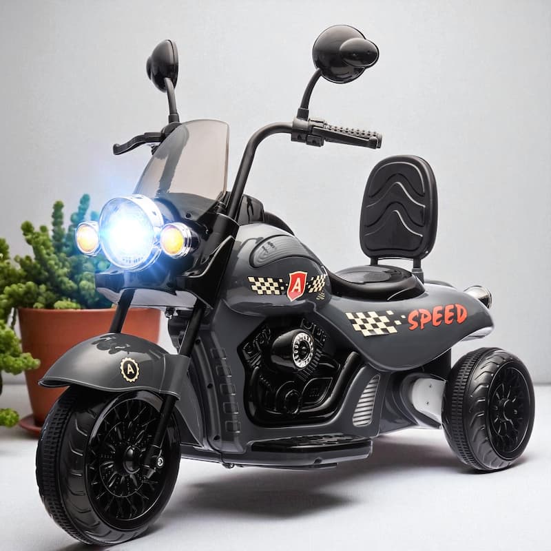 3-Wheel 6V Electric Motorcycle for Kids, Ride-On Chopper with Music, Headlights, Forward & Reverse, Ages 3-6 - Grey