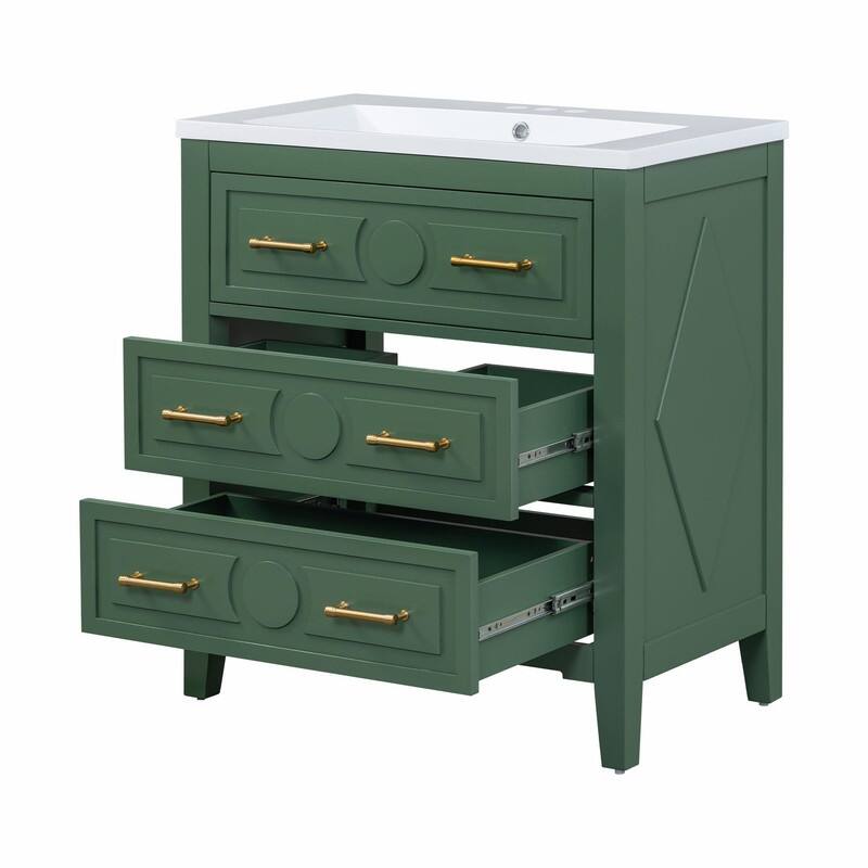 30'' Free Standing Bathroom Vanity Set with Ceramic Sink, 3 Drawers & Solid Wood Frame