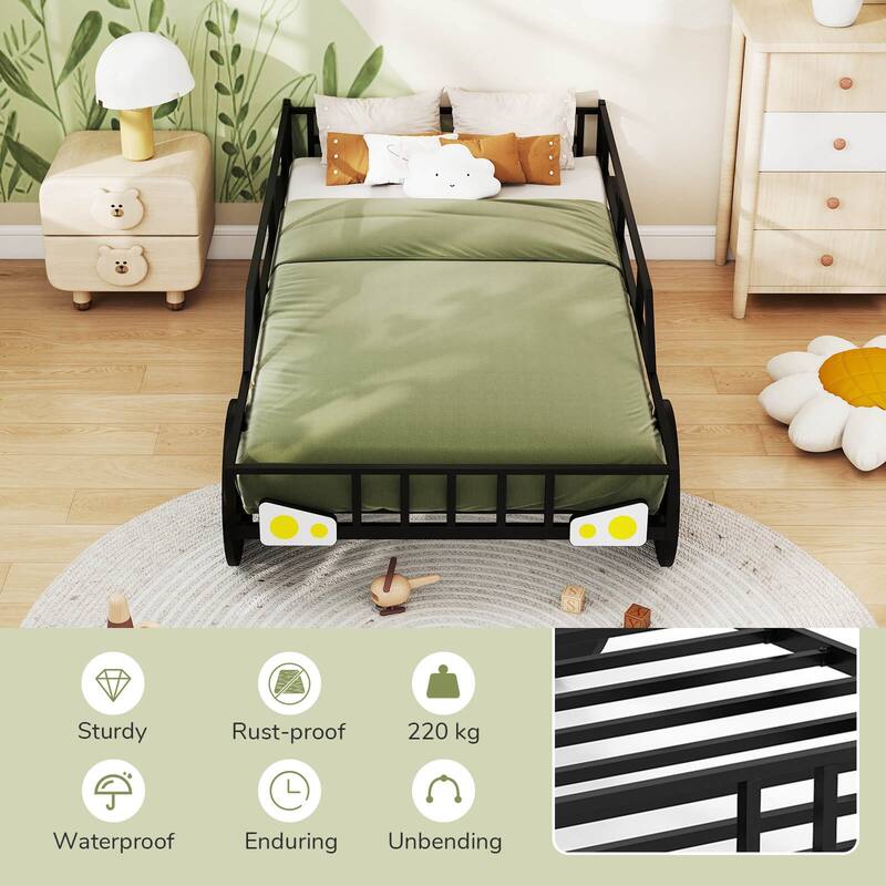 Costway Twin Car-Shaped Metal Bed Frame with Wheels Decorations Safety