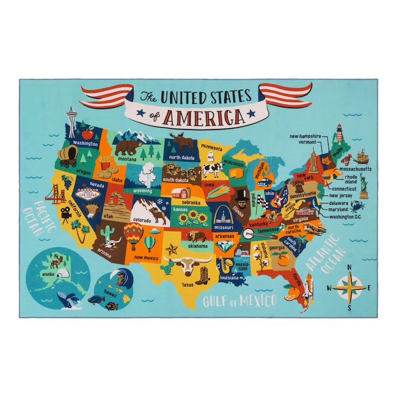 Gertmenian Educational USA State Map Polypropylene Non-Slip Easy Care Digital Printed Youth Area Rug 6'6" x 9'6" - 6' 6" x 9' 6"