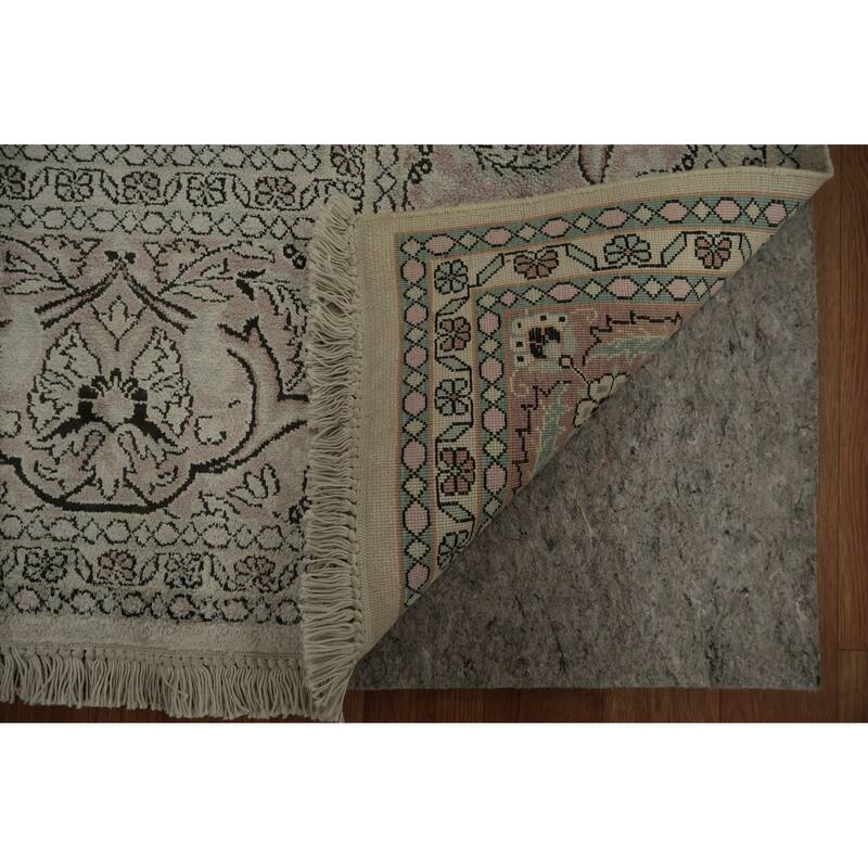 Hand Knotted Oriental Silk Carpet Traditional Floral Beige & Ivories Kashmir Area Rug - 10' 3'' X 7' 0''