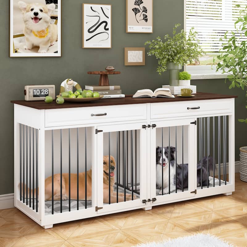 Modern Wooden Dog Crate Furniture with 2 Drawers, White and Brown