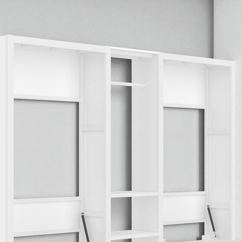 Twin and Twin Foldable Murphy Bed with Wardrobe, Shelves & Power Outlets, 2-in-1 Metal Space-Saving Wall Bed Design