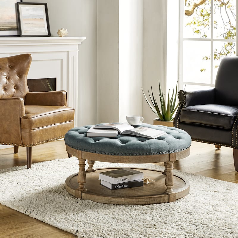 Illyria Transitional Multifunctional Tufted 35.5" Storage Ottoman Table with Spindle Legs by HULALA HOME - BLUE