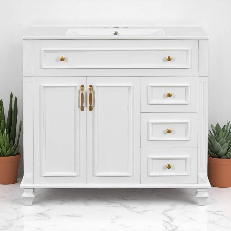 36" Bathroom Vanity with Sink, Freestanding White Cabinet with Gold Hardware, Ceramic Top, Flip Drawer, Soft-Close Doors - White - 36" Solid Wood+MDF