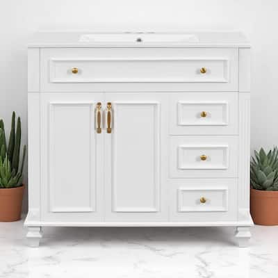 36" Bathroom Vanity with Sink, Freestanding White Cabinet with Gold Hardware, Ceramic Top, Flip Drawer, Soft-Close Doors