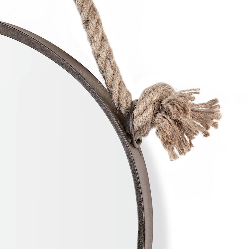 Danya B. 15" Dark Brown Iron Framed Hanging Rope Round Accent Mirror