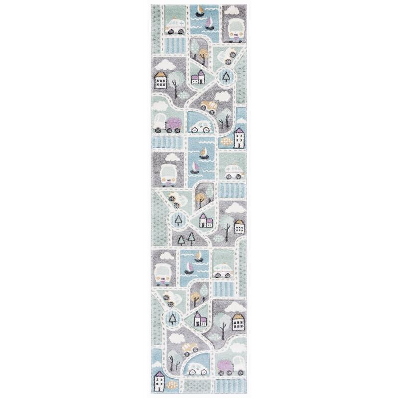 SAFAVIEH Carousel Kids Mihaila Neighborhood Rug - 2' x 8' Runner - Grey/Light Blue