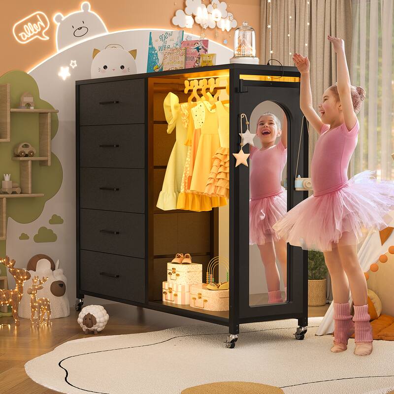 Kid's Closet Organizer with Fabric Drawers and Mirror, Rolling Dresser and Chest with Charge Station - Black