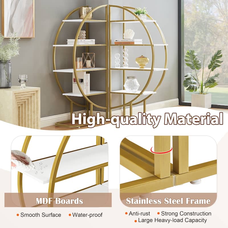 Roomfitters 4-Tier Round Bookshelf for Home Office, Open Shelf with Gold Frame and MDF Board, Multiple Placements, Golden+White