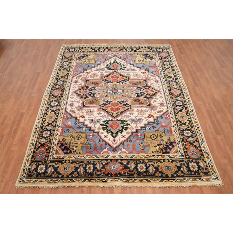 Hand Knotted Oriental 100% Wool Carpet Traditional Medallion Beige & Ivories Heriz (serapi) Area Rug - 9' 11'' X 7' 10''