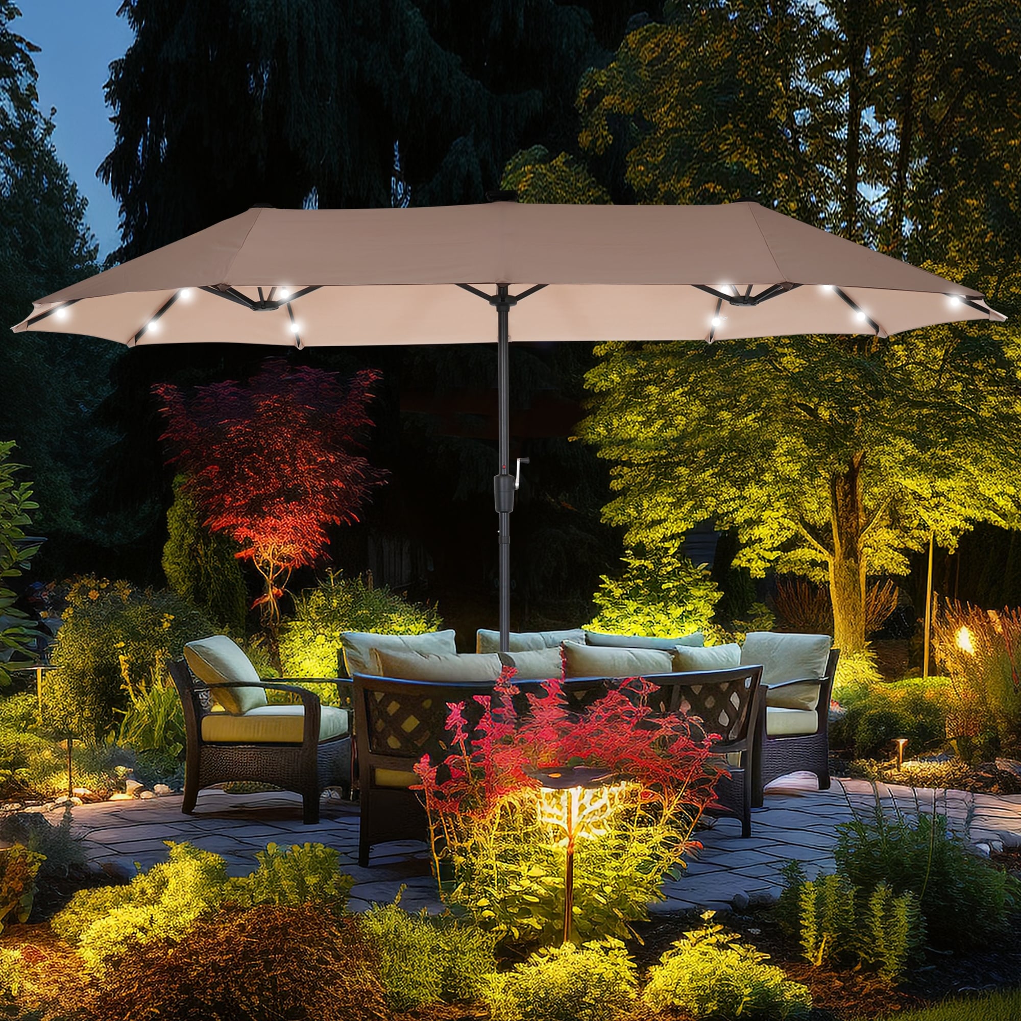 Autlaycil 13 ft Patio Umbrella with 36 Solar Lights & Crank System for Outdoor