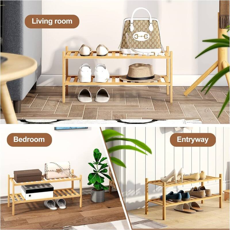 Bamboo Shoe Rack Stackable Shoe Shelf Storage Organizer for Unit Entryway - 12.6"D x 27"W x 11"H