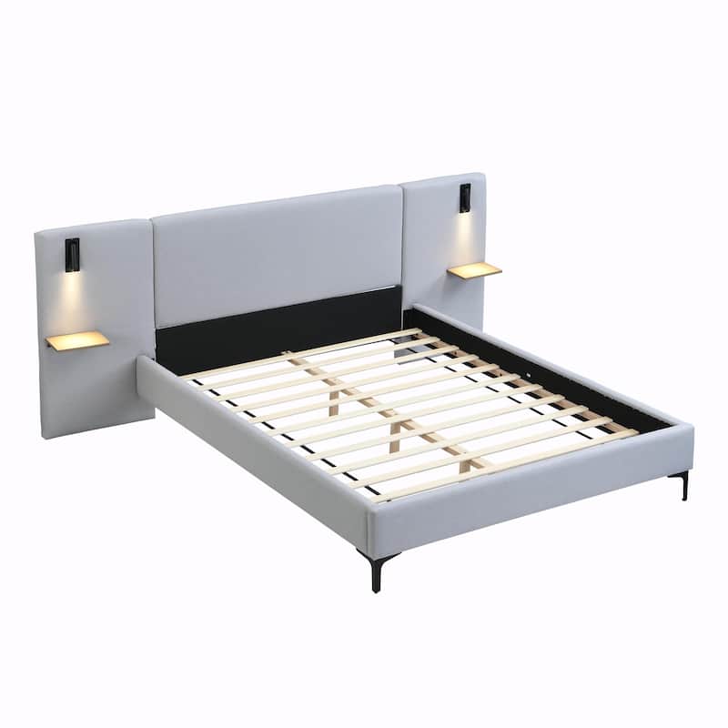 Chic Bouclé Upholstered Bed with Integrated Lighting and Shelves