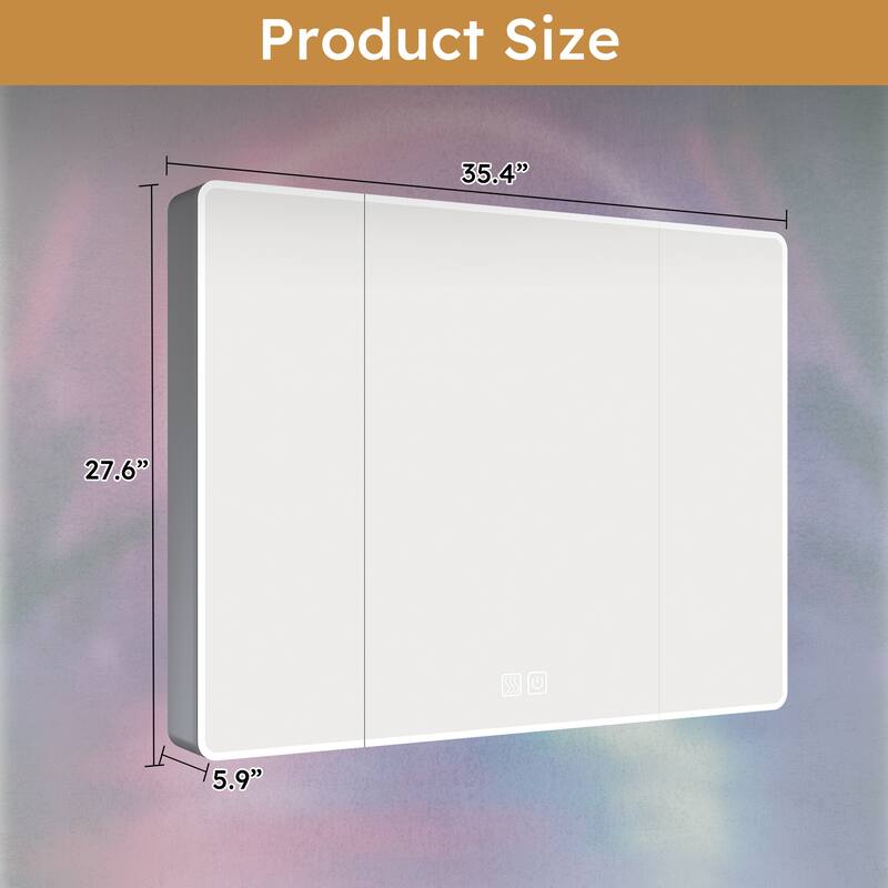 35 x 28 Inch Aluminium Medicine Cabinet Mirror with LED Light, Defogging, and Cosmetic Storage