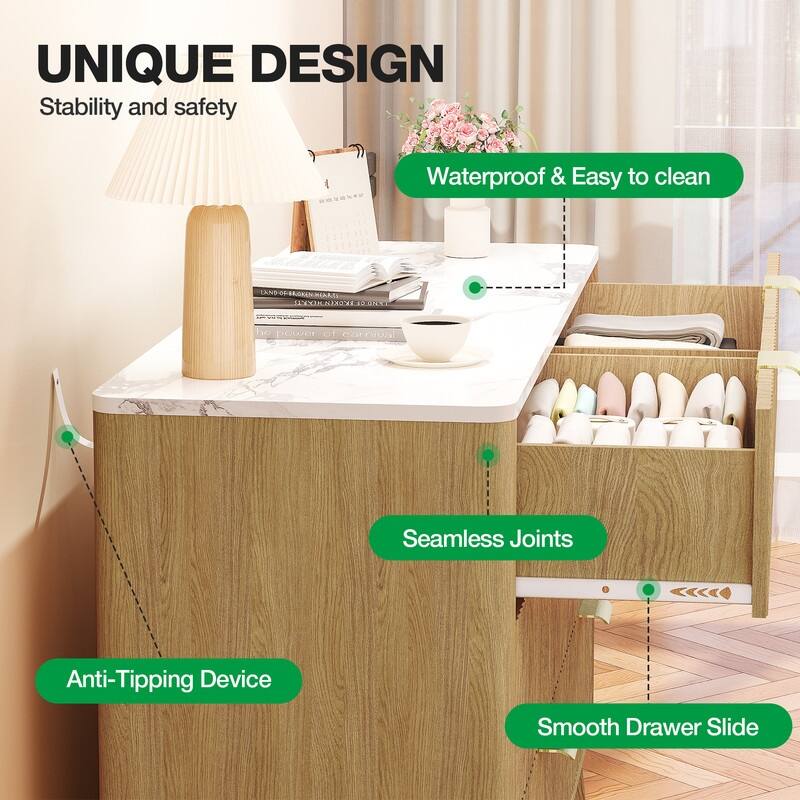 47" Wooden Buffet Cabinet With Faux Marble Top & Fluted Chest Of Drawers With Curved Edges