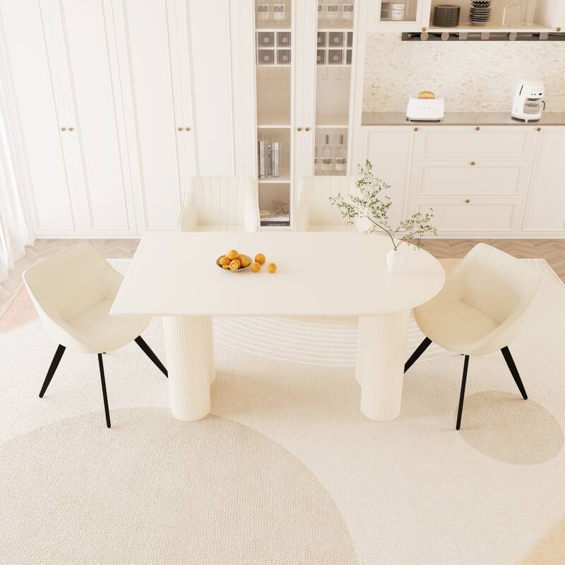 5-Piece Kitchen Table Set for 4, Modern Round Dining Table Set with Carved Legs and PU Leather Chairs for Dining Room - Beige+Cream