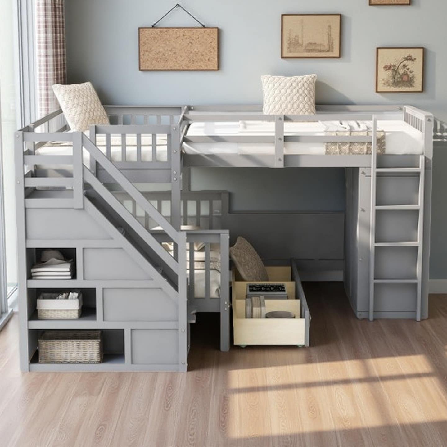 Twin Over Full L-Shaped Bunk Bed with Built-In Desk, 3 Staircase Drawers, Wardrobe Storage