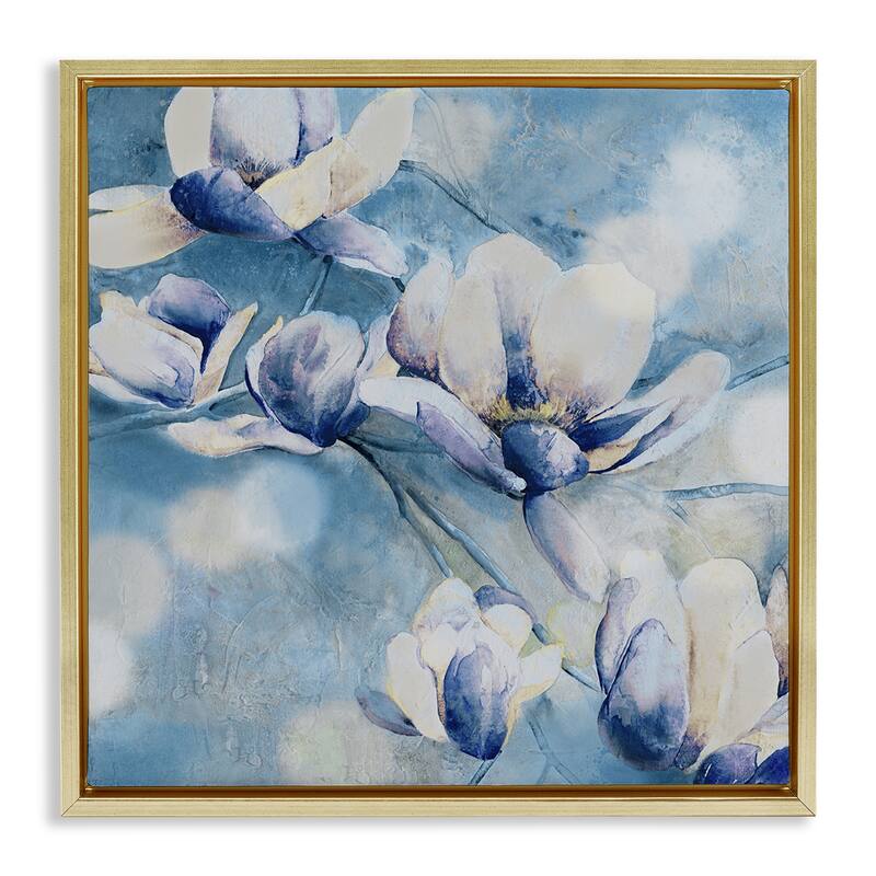 Stupell Blue Flowers & Bokeh Framed Floater Canvas Wall Art Design By Carol Robinson - 25 x 25 - Gold