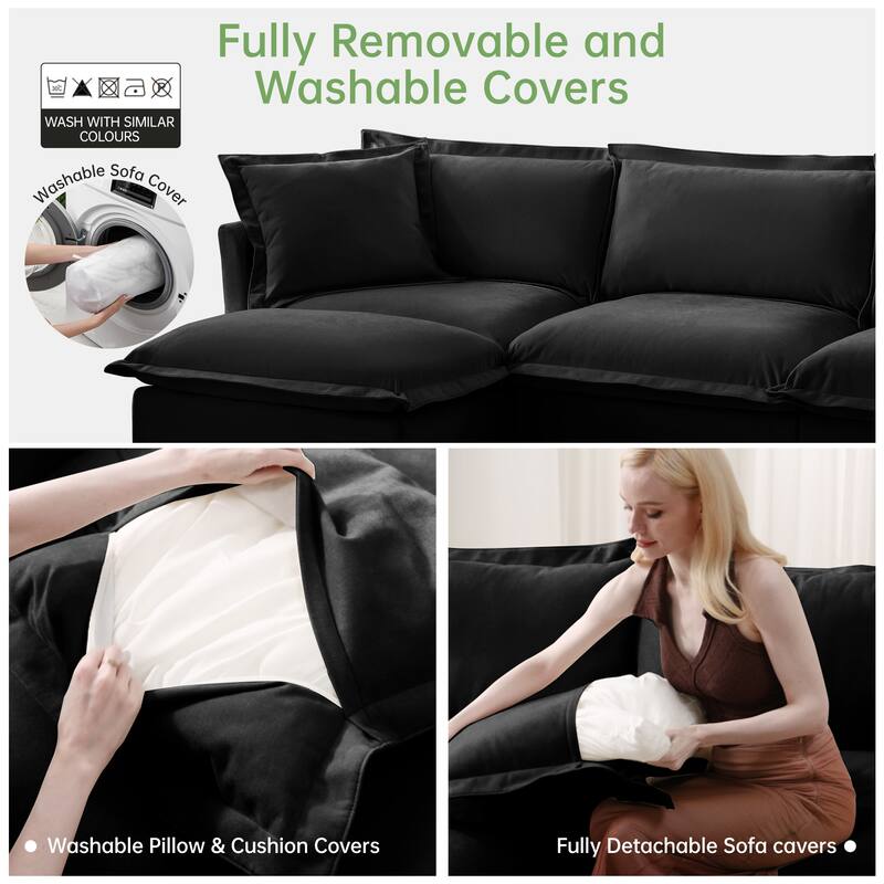 Slipcovered Chenille 2-Seater Sofa Couch with Convertible Ottoman & Soft Big Pillows