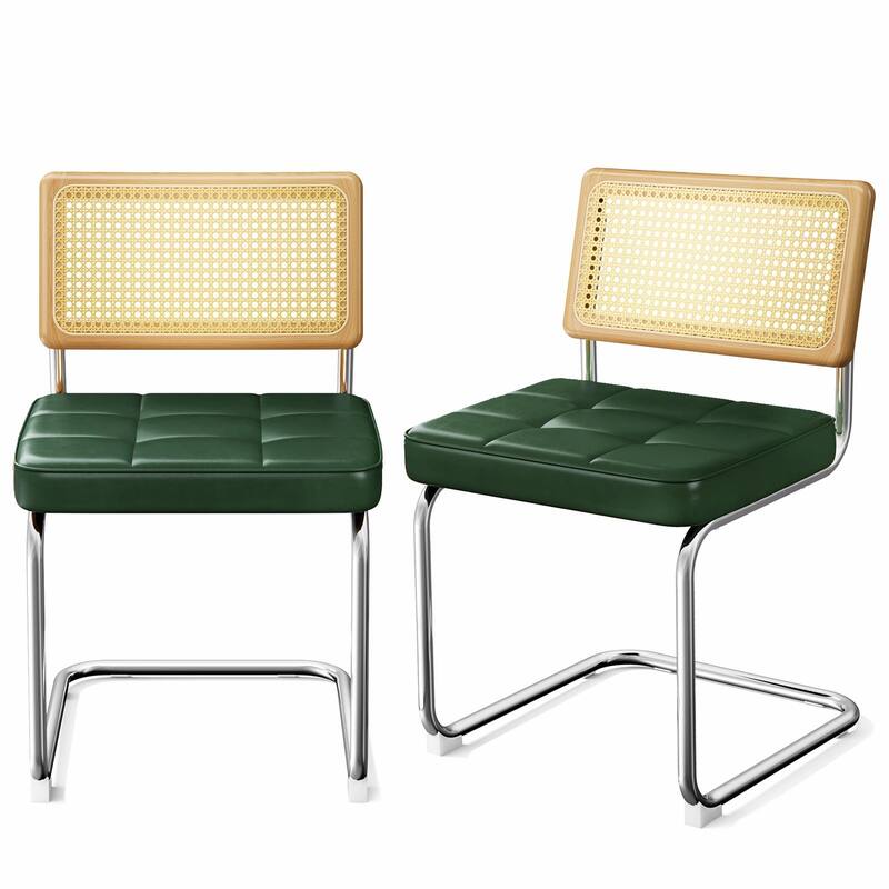 Set of 2 Modern Dining Chairs - Mid-Century Breuer Design, Upholstered Faux Leather with Solid Wood Back - Green