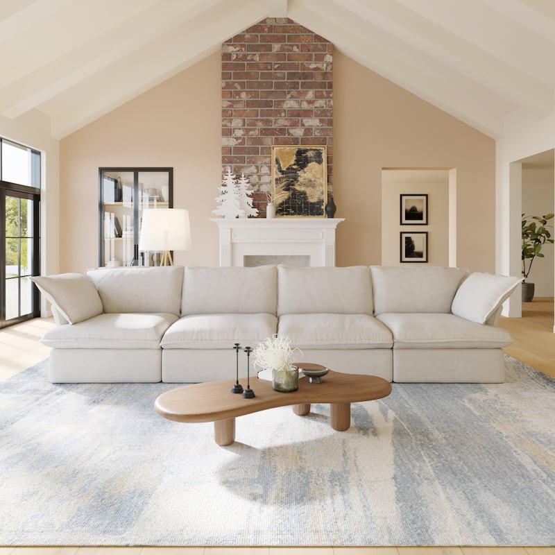 Velvet Sectional Sofa Modern Upholstered Couch Sofa for Living Room - Beige-4 seats