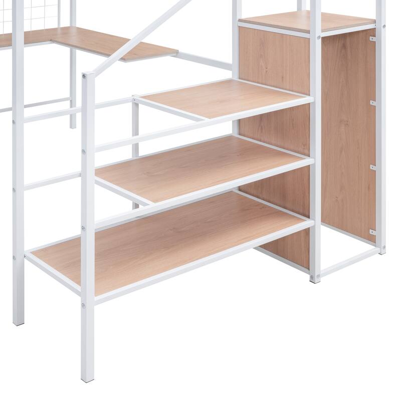 Full Size Metal Loft Bed with L-Shaped Desk, Wardrobe & Storage Ladder, White
