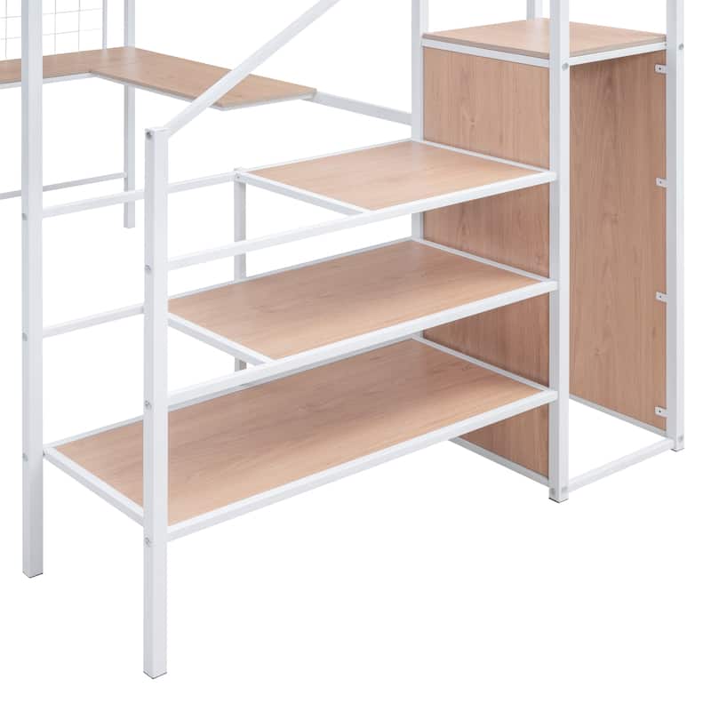Metal Loft Bed with L Shape Desk and Metal Grid, Kids High Metal Bed Frame with Lateral Storage Ladder and Wardrobe